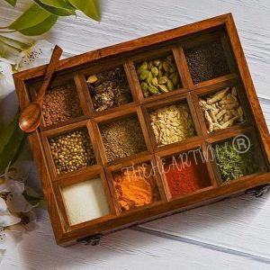 THEHEARTWILL® Elegant Wooden Spice Box with 12 Compartments & 2 Spoons (Sheesham Wood) - Premium Spice Storage Box for Kitchen, Masala Daani, Multi-Use Spice Organizer, Classic Brown